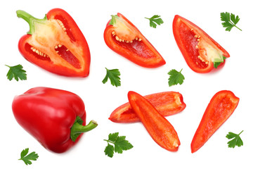 sliced red sweet bell pepper isolated on white background. top view