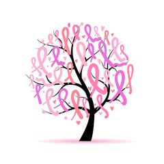Fototapeta na wymiar Tree with pink ribbons, breast cancer awareness symbol
