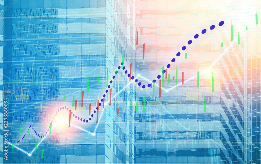 Poster stock index graph and chart in modern building background (blue bull chart)