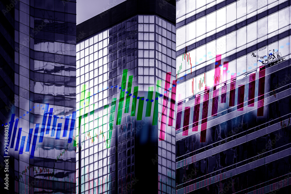 Poster stock index graph and chart in modern building background (blue bull chart)