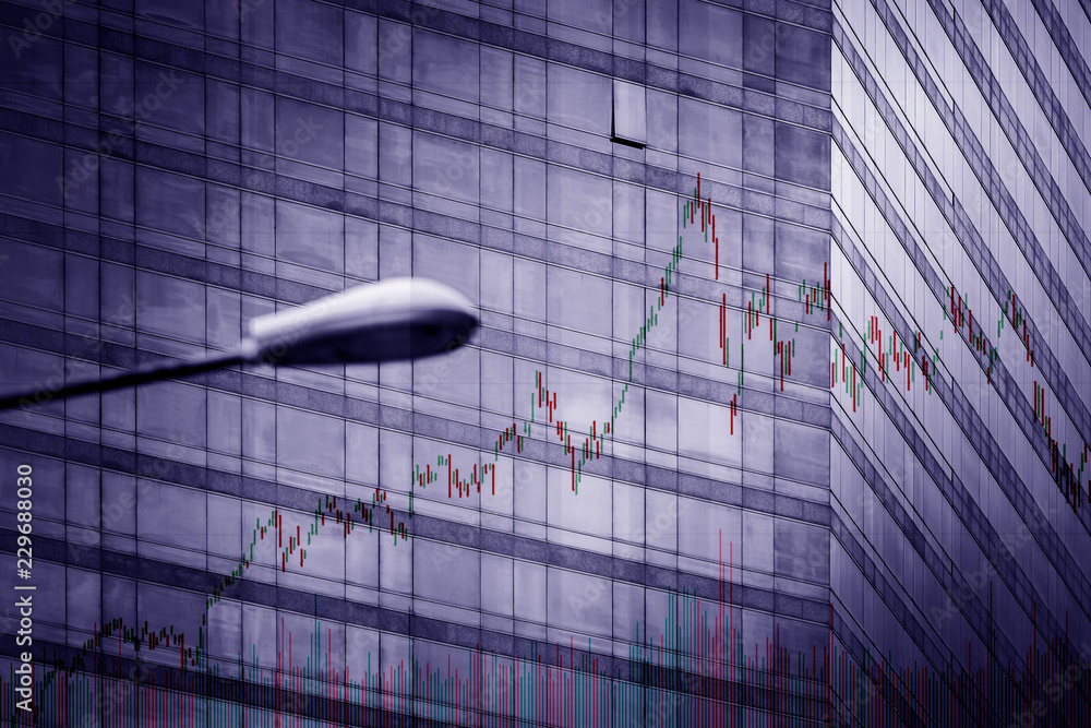 Poster stock index graph and chart in modern building background (blue bull chart)