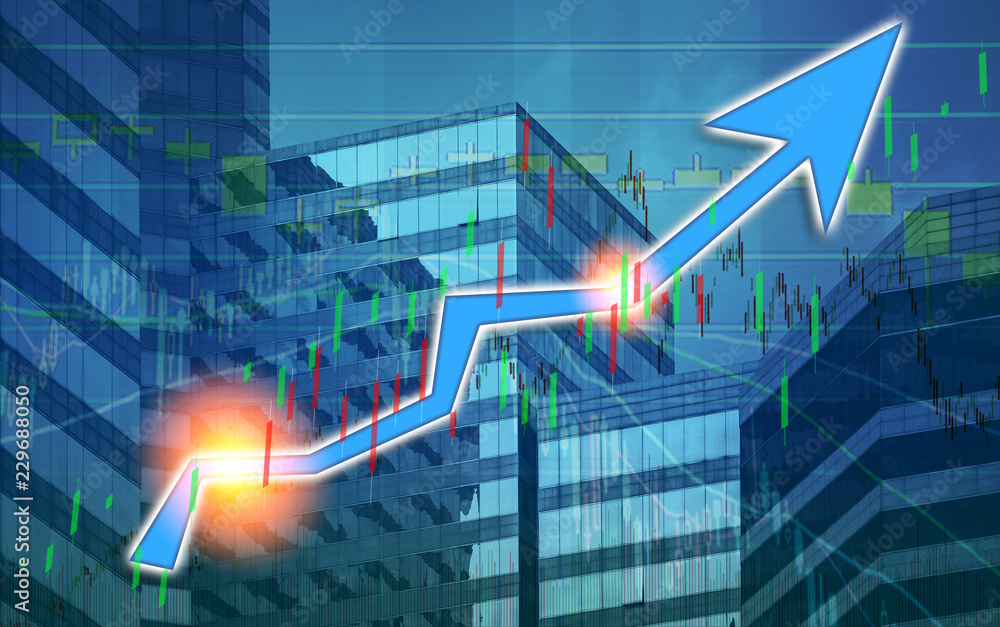 Poster stock index graph and chart in modern building background (blue bull chart)