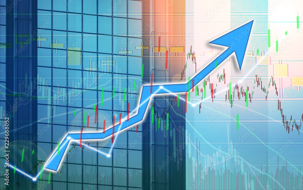 Poster stock index graph and chart in modern building background (blue bull chart)