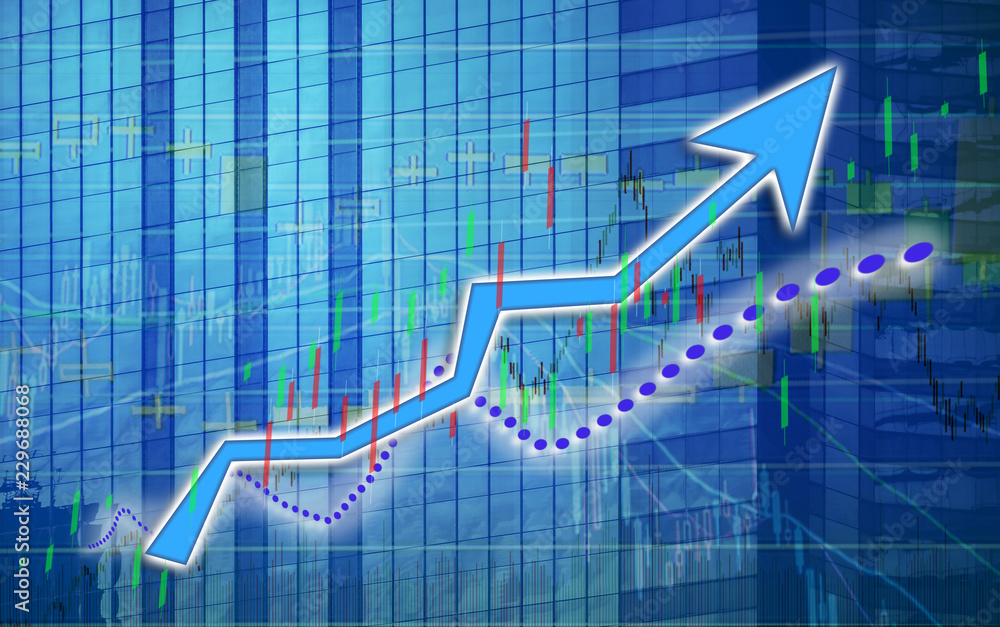 Poster stock index graph and chart in modern building background (blue bull chart)