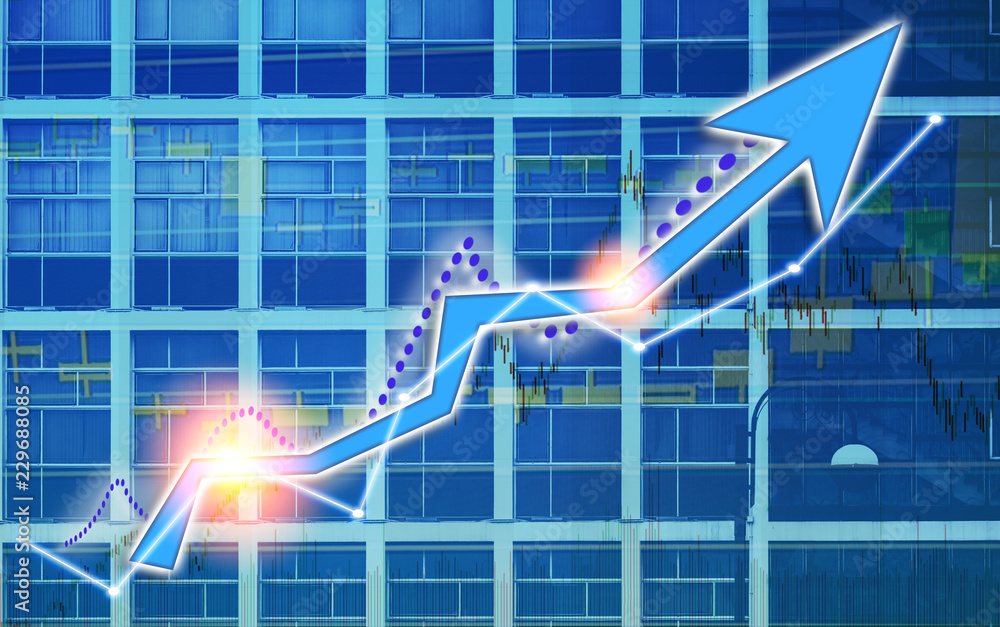 Poster stock index graph and chart in modern building background (blue bull chart)