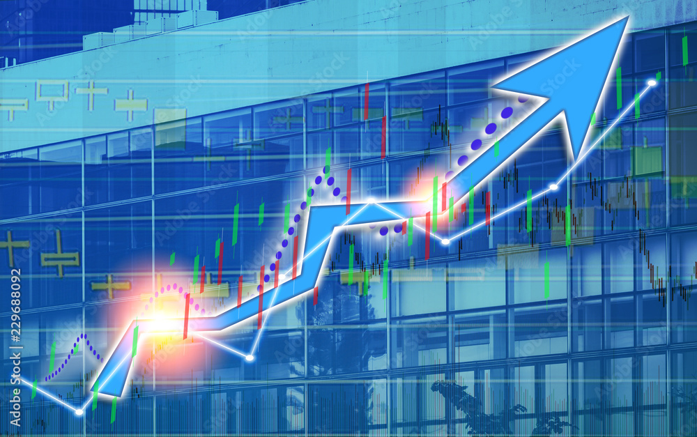Poster stock index graph and chart in modern building background (blue bull chart)