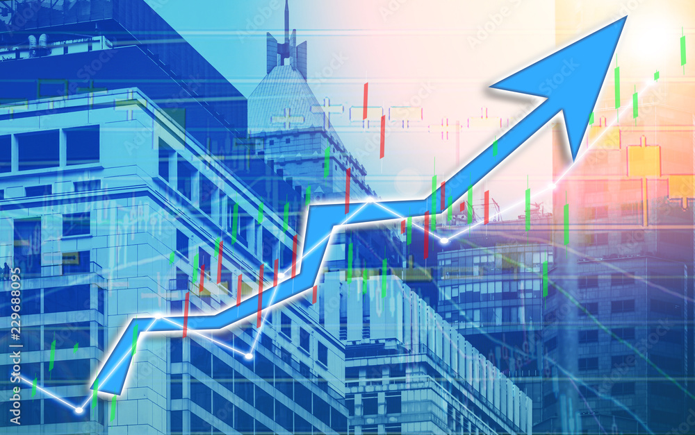 Poster stock index graph and chart in modern building background (blue bull chart)