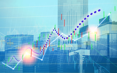 Stock index graph and chart in modern building background (blue bull chart)