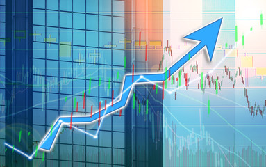 Fototapeta premium Stock index graph and chart in modern building background (blue bull chart)