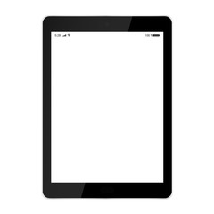 Realistic illustration of black tablet with white touch screen with battery, wifi and cellular network symbols, with glare, isolated on white background