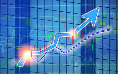 Stock index graph and chart in modern building background (blue bull chart)