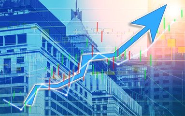 Stock index graph and chart in modern building background (blue bull chart)