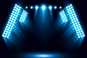 Obraz premium Blue stage arena lighting background with spotlight vector illustration