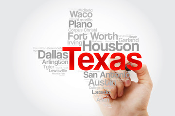 List of cities in Texas USA state word cloud map with marker, concept background