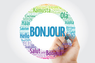 Bonjour (Hello Greeting in French) word cloud in different languages of the world with marker, background concept © dizain