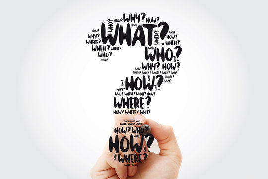Question mark - Questions whose answers are considered basic in information gathering or problem solving, word cloud with marker