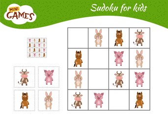 Sudoku game for children with pictures. Kids activity sheet.  Cute cartoon animals. 