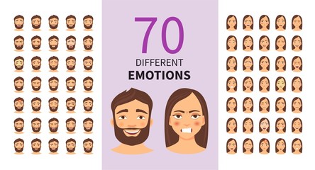 Vector set of cartoon characters with different emotions. Young man and woman. - obrazy, fototapety, plakaty