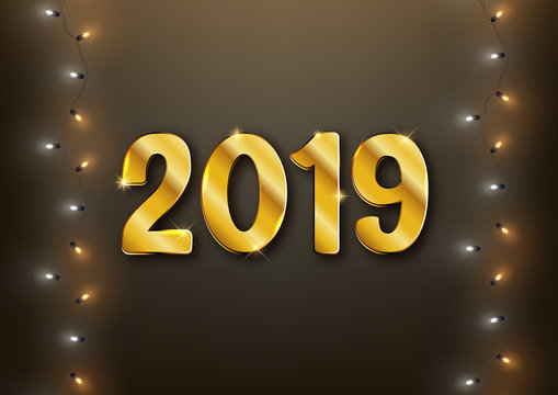 2019 new year realistic gold text numbers and lightbulbs, Christmas lights, postcard, banner, vector illustration