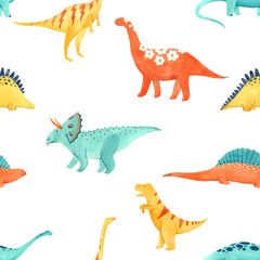 Watercolor dinosaur baby vector pattern