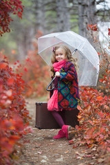 Cute little girl playing with fallen golden leaves. Happy child walking in autumn park.  Cute girl...