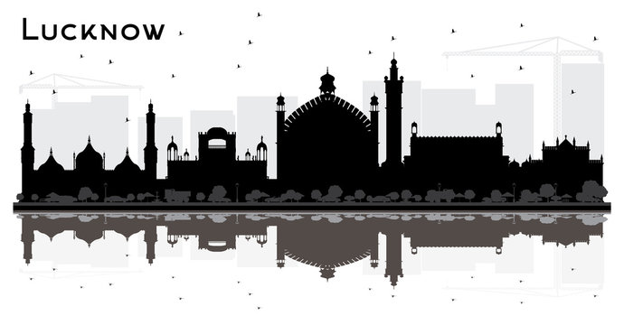 Lucknow India City Skyline Silhouette with Black Buildings and Reflections.