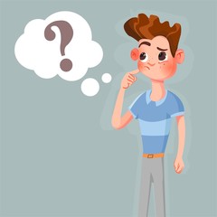 Cartoon thinking man with question mark in think bubble vector illustration. Man and question in bubble think.
