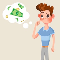 Cartoon thinking man with money mark in think bubble vector illustration. Man and question in bubble think.