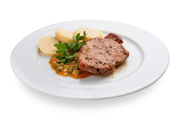 Snack to beer. Pork chop with potatoes. On a white background