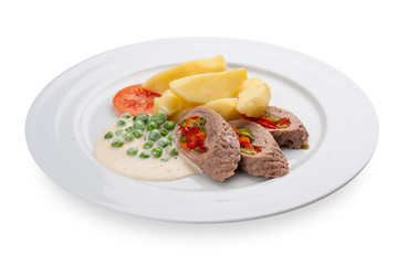 Snack to beer. Meatloaf with vegetables. On a white background