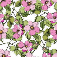 Wildflower rosa canina in a vector style isolated. Green and pink engraved ink art. Seamless background pattern. Fabric wallpaper print texture. Vector flower for background, wrapper pattern.