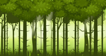 Naklejka premium Ilustracja kreskówka lasu tła. Jasne lasy leśne, silhouttes, drzewa z krzewami, paprocie i kwiaty. Do projektowania gier, aplikacji, stron internetowych. Wektor, styl cadroon, na białym tle