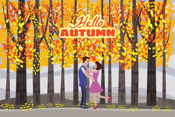 Hello autumn color illustration. Happy couple meeting and walking in park postcard design. Open air outdoor walk. Early fall landscape cartoon banner. Autumn time fire trees park. Vector