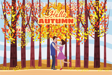 Hello autumn, Autumn alley, couple guy and girl characters meeting in the park, fall, autumn leaves, mood, color, vector, illustration, cartoon style, isolated