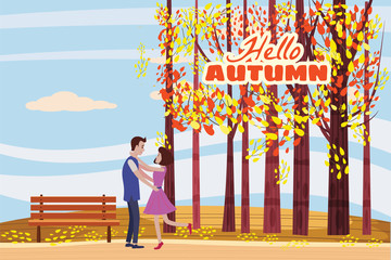 Hello autumn, Autumn alley, couple guy and girl characters met the path in the park, fall, autumn leaves, mood, lettering, color, vector, illustration, cartoon style, isolated