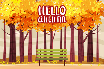 Hello autumn color illustration. In park postcard design. Open air outdoor walk. Early fall landscape cartoon banner. Autumn time fire trees park. Vector