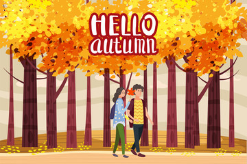 Hello autumn, Autumn alley, couple guy and girl characters walking along the path in the park, fall, autumn leaves, mood, color, vector, illustration, cartoon style, isolated