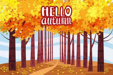 Hello autumn color illustration. In park postcard design. Open air outdoor walk. Early fall landscape cartoon banner. Autumn time fire trees park. Vector