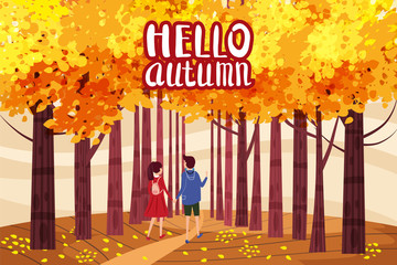 Hello autumn, Autumn alley, couple guy and girl characters walking along the path in the park, fall, autumn leaves, mood, color, vector, illustration, cartoon style, isolated