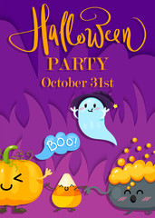 Halloween party. Flyer with cute characters