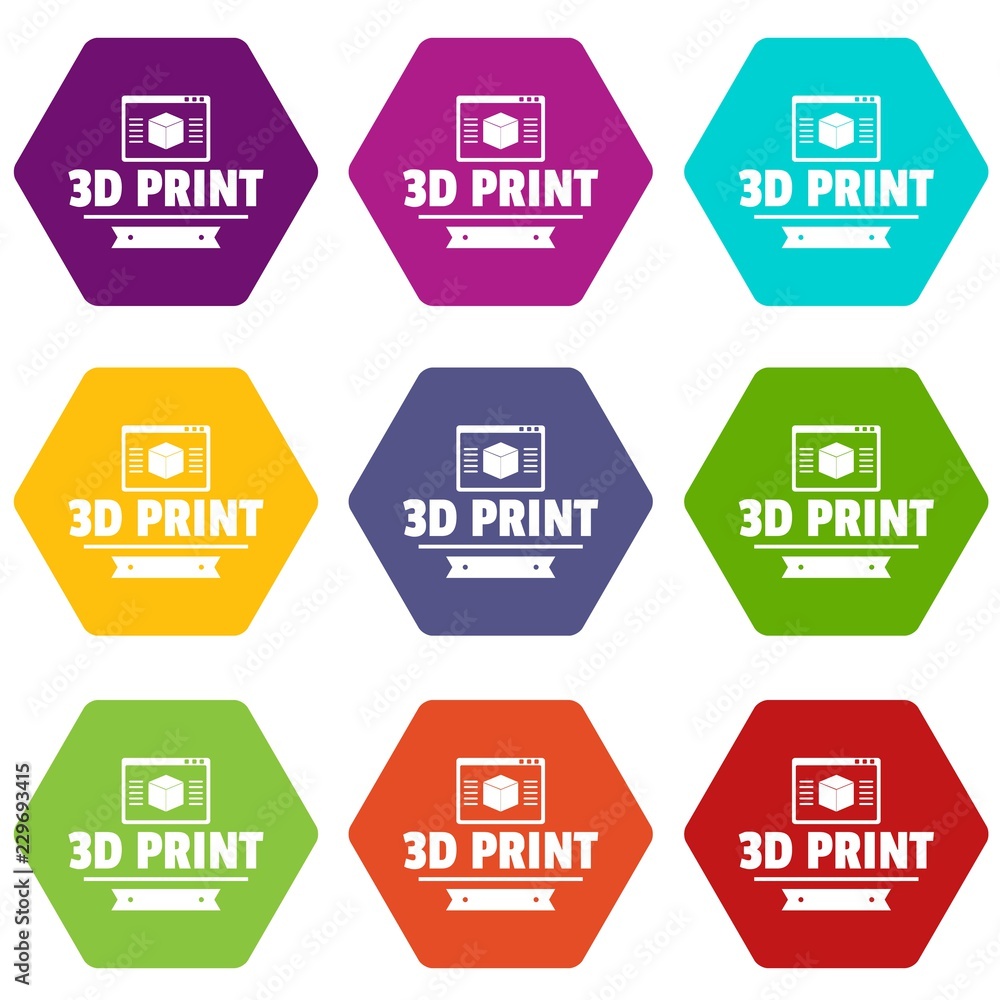 Poster material 3d printing icons 9 set coloful isolated on white for web