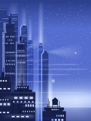 Night city, city scene, skyscrapers, towers, starry sky, lights, horizon, perspective, background, vector, isolated