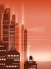 Night city, city scene, skyscrapers, towers, starry sky, lights, horizon, perspective, background, vector, isolated