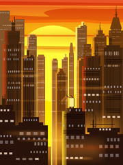 Sunset city, city scene, skyscrapers, towers, starry sky, lights, horizon, perspective, background, vector, isolated