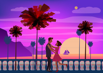 Sunset ocean, sea, palm trees, mountains, embankment, the setting sun, seascape. Meeting a couple in love, romance, love. Mood of color. Vector, isolated, cartoon style