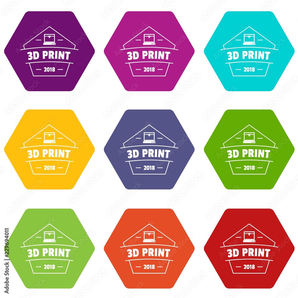 Poster design 3d printing icons 9 set coloful isolated on white for web