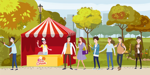 Street ice cream cafe queue color illustration. Smiling people in city park waiting for ice cream.Flat characters. Street cafe coffee to go. Autumn landscape. Vector cartoon banner design