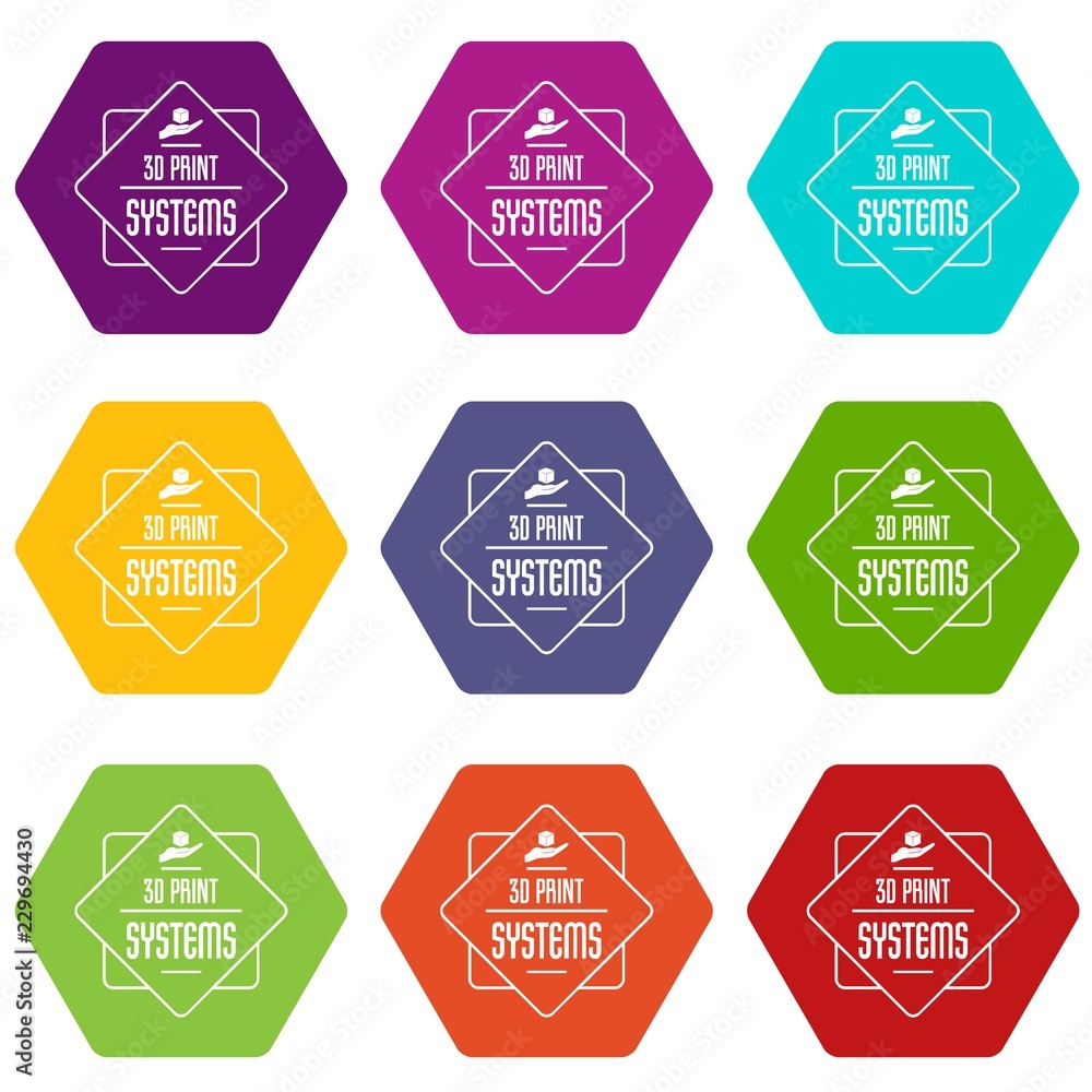 Poster systems 3d printing icons 9 set coloful isolated on white for web