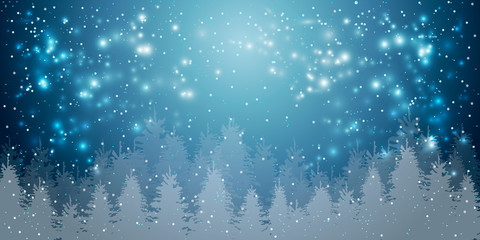 merry christmas happy new year  winter holidays fir tree forest landscape background snowfall horizontal greeting card flat vector illustration