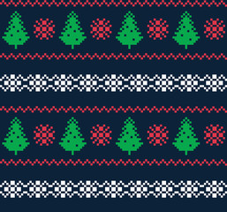 Scandinavian patterns, pixel seamless pattern. Green firs, red snowflakes and zigzags
